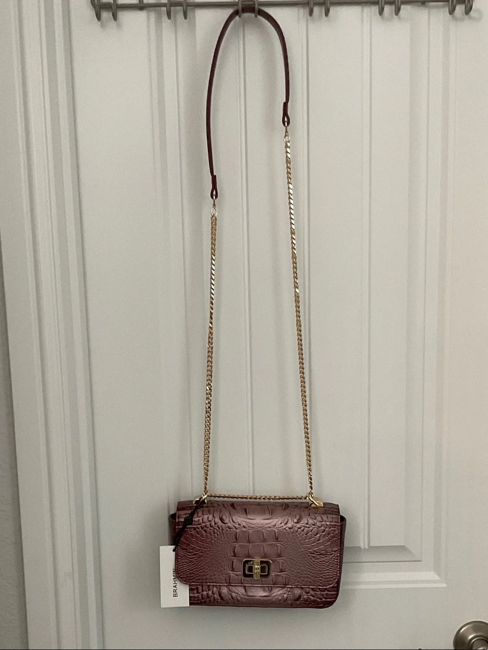 Brahmin Mauve Croc-Embossed Leather Crossbody with Gold Chain